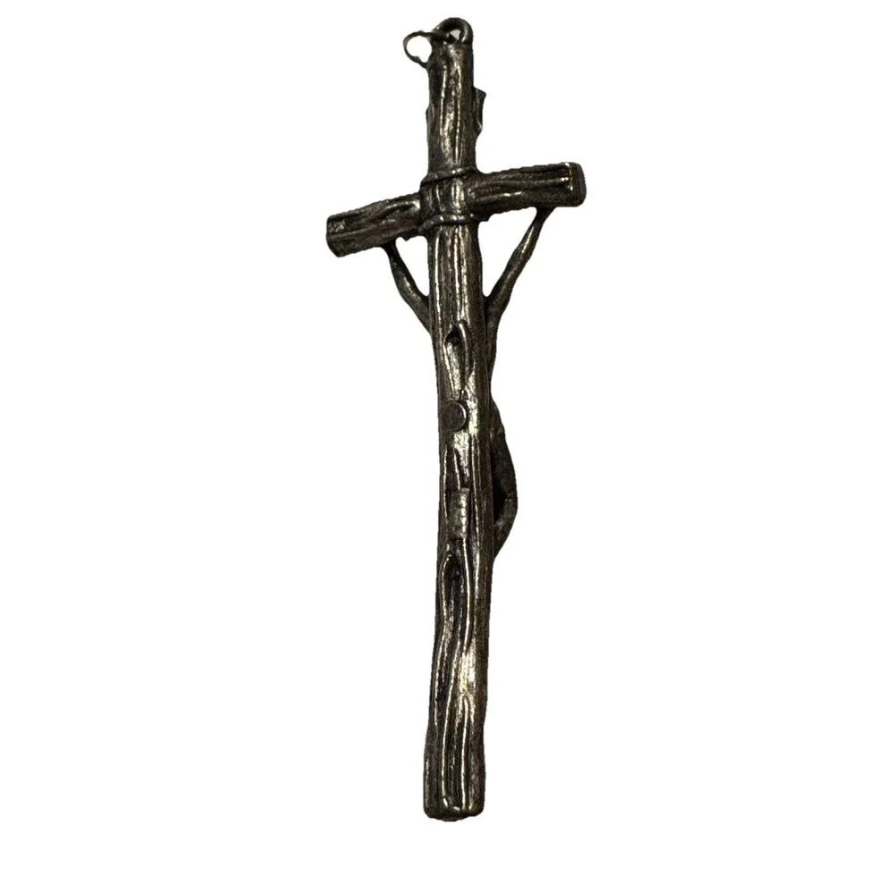 Vintage Silver Tone Log Cross Crucifix‎ Pendant INRI Rustic Branch Style 2.5 In